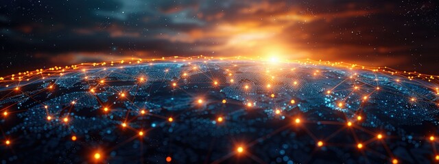 Poster - A digital representation of a connected world at sunrise, showcasing a network of lights.