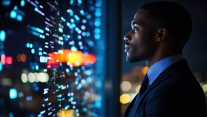 Poster - Focused Business Professional Analyzing Data Trends in Futuristic Office Environment with Cityscape Backdrop at Night