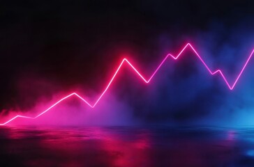 Poster - pink and blue neon light graph line in smoky dark background.