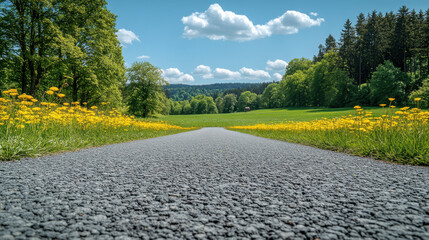 scenic view of winding road surrounded by vibrant yellow flowers and lush green trees under bright blue sky. peaceful landscape invites sense of tranquility and nature beauty