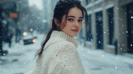 Poster - A young woman in a cozy sweater smiles amidst falling snow in a city setting.