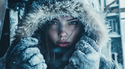Poster - A young woman in a snowy environment, wrapped in a fur-lined hood, conveying cold and resilience.
