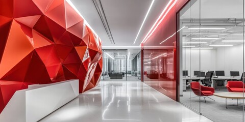 Poster - modern office interior with bold red accent wall, bright lighting, and sleek furniture in a professi