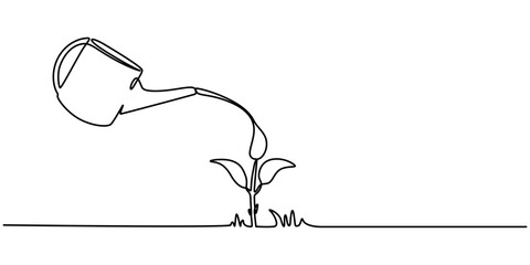 Fototapete - Continuous single line sketch drawing of watering can plant tree seedling growth. One line art of nature agriculture farming economy growing vector illustration, Watering Can and Flower, pro vector.