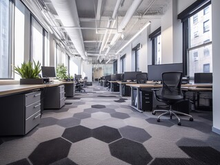 Poster - Modern Office Interior with Sleek Design Featuring Hexagonal Carpet Tiles, Large Windows, and Minimalist Workstations Ideal for Productivity and Collaboration