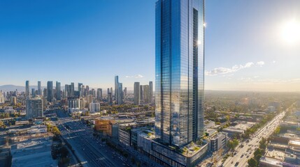 Poster - Aerial view of a modern skyscraper amidst a city skyline during sunset.