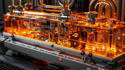 Poster - A futuristic cooling system with glowing orange liquid in a transparent casing.