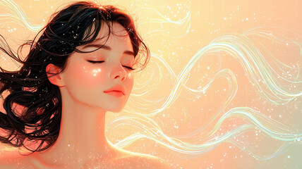 Poster - serene woman with flowing hair, closed eyes, and peaceful expression, surrounded by soft, glowing waves and sparkles, evokes tranquility and beauty
