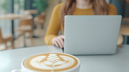 Poster - modern woman using laptop in cafe, enjoying latte art. cozy atmosphere enhances her focus and creativity while she works