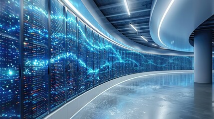 Poster - A futuristic data center with glowing servers and a sleek curved design.