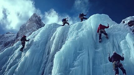 Poster - Climbers scaling a massive ice wall in a mountainous landscape under a blue sky.