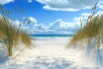 Wall Mural - Sandy beach path leading to a serene sea under a bright blue sky with fluffy clouds