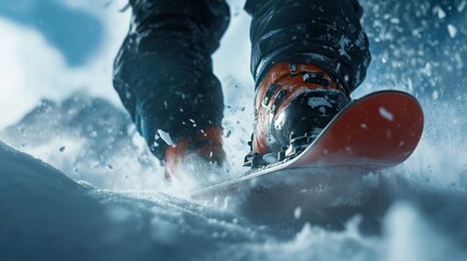 Wall Mural - Close-up of snowboarder?s feet on a snowy slope, capturing the thrill of winter sports.