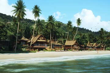 Wall Mural - Coastal retreat with traditional huts along a serene beach under a clear blue sky