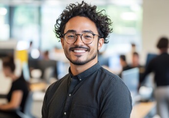 Wall Mural - Young man with curly hair and glasses smiling confidently in a modern office environment, surrounded by colleagues engaged in work activities