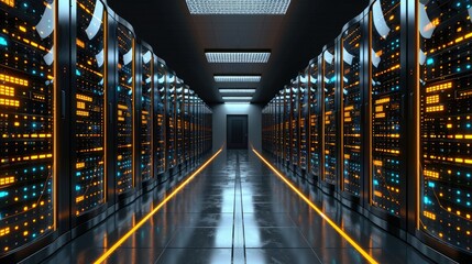 Poster - A modern data center filled with server racks and illuminated by orange lights.