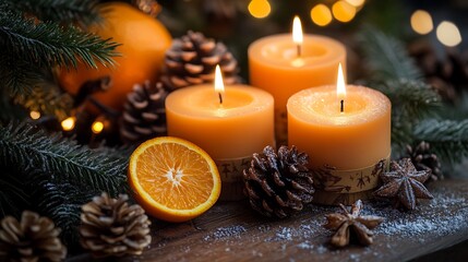 Canvas Print - Three lit candles with oranges, pine cones, and spices on a wooden surface.