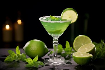 Canvas Print - Refreshing Green Cocktail with Lime Slices in Martini Glass