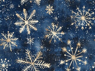 Poster - Detailed Watercolor Illustration of Unique Snowflakes on Deep Blue Background with Golden Accents