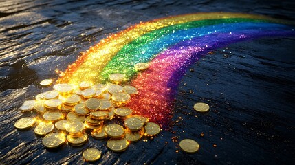 Poster - A vibrant rainbow of glitter spills over gold coins, creating a magical and colorful scene.