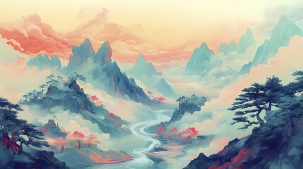 Wall Mural - Serene misty mountain landscape with river, trees, and colorful clouds at dawn.