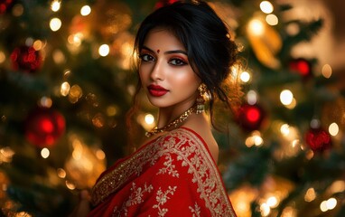 Wall Mural - An Indian woman in a vibrant red sari with gold embroidery, wearing bold eyeliner and deep red lips, standing in front of a glowing Christmas tree