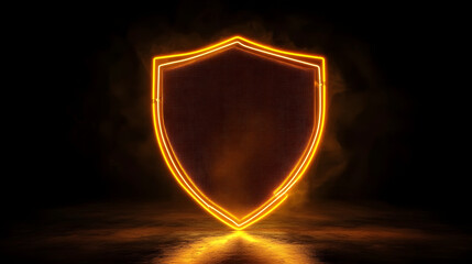 Wall Mural - Orange and yellow neon light shield icon. Vibrant colored technology symbol, isolated on a black background. 3D Render