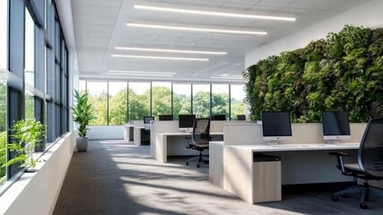 Poster - Modern office interior with large windows and greenery promoting a productive workspace environment