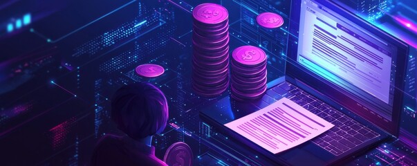 Poster - Isometric illustration of an online bill and coins on laptop screen