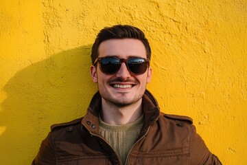 Poster - A person wearing sunglasses stands in front of a bright yellow wall, providing a bold and eye-catching visual