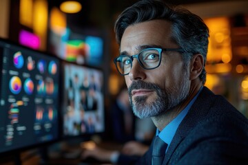 Poster - A person examines a computer monitor, possibly working or browsing