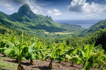 Poster - Valley landscape with green hills and mountains in the background, perfect for travel or nature-related uses