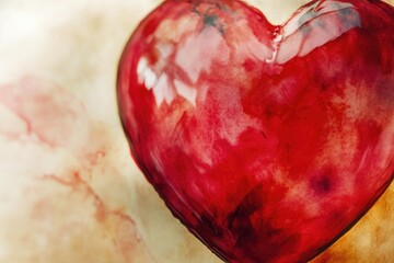 Poster - A red glass heart shaped object on a table, perfect for still life photography or as a decorative item