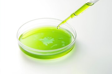 Poster - A close-up view of a green liquid in a glass bowl with a pipe attached, suitable for use in science and laboratory settings