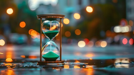 Hourglass in rain, city bokeh background.