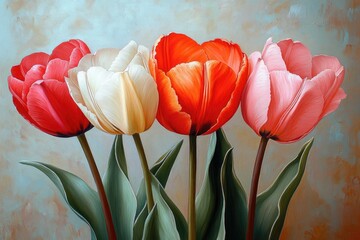 Poster - A still life image of three tulips in a decorative vase