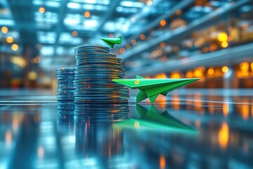 Aufkleber - A paper airplane sits atop a stack of coins, great for financial or creative concepts