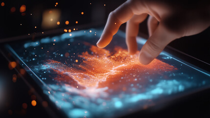 Poster - interactive digital display showcases vibrant visuals in a dark environment with engaging hand movem