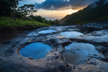 Poster - A rural road with puddles of water and mud, suitable for outdoor or nature-themed uses