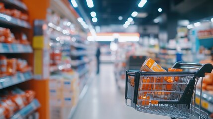 Aufkleber - Shopping cart filled with groceries in an aisle of a supermarket