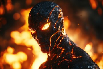 Poster - A close-up of a person surrounded by flames, potential for use in scenes about warmth, comfort, or danger
