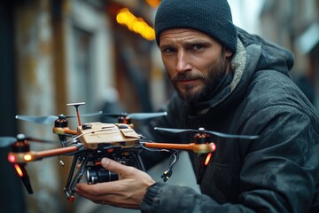 Poster - A person holds a remote control device to operate a flying drone, useful for aerial photography or recreation