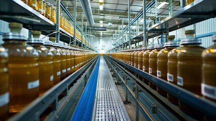 Poster - This Bottles filled with a carbonated beverage travel along a production line in a factory setting.