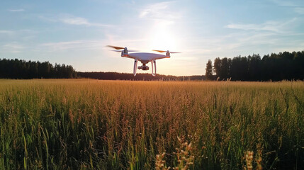 Wall Mural - drone flying over a vibrant field during sunset with a backdrop of trees in the distance