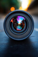 Poster - A detailed view of a camera lens sitting on a table, perfect for product photography or illustration purposes