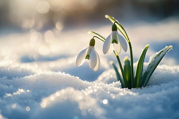 the first spring flowers snowdrops grow from under the snow. early spring. background, wallpaper, ba
