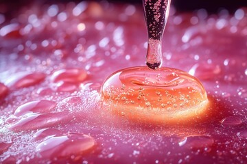 Poster - A single droplet of liquid falls from a clear glass container into a background