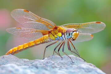 Aufkleber - A small dragonfly perched on a rocky surface, its iridescent wings shimmering in the light