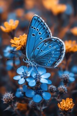 Poster - A blue butterfly perched on the petals of a bright blue flower, showcasing its delicate features and vibrant colors