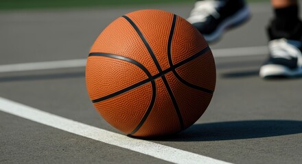 Wall Mural - Orange basketball on court near player's legs in sneakers